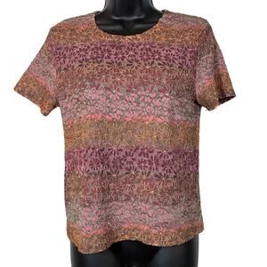 Y2K Lace Stretch Top Pink Gold Brown Floral Semi Sheer Round Neck Kathie Lee
